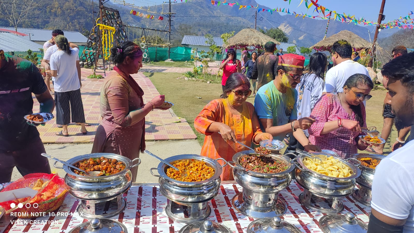 Festive food buffet setup in the open garden at The Jungle Mist Resort, Rishikesh